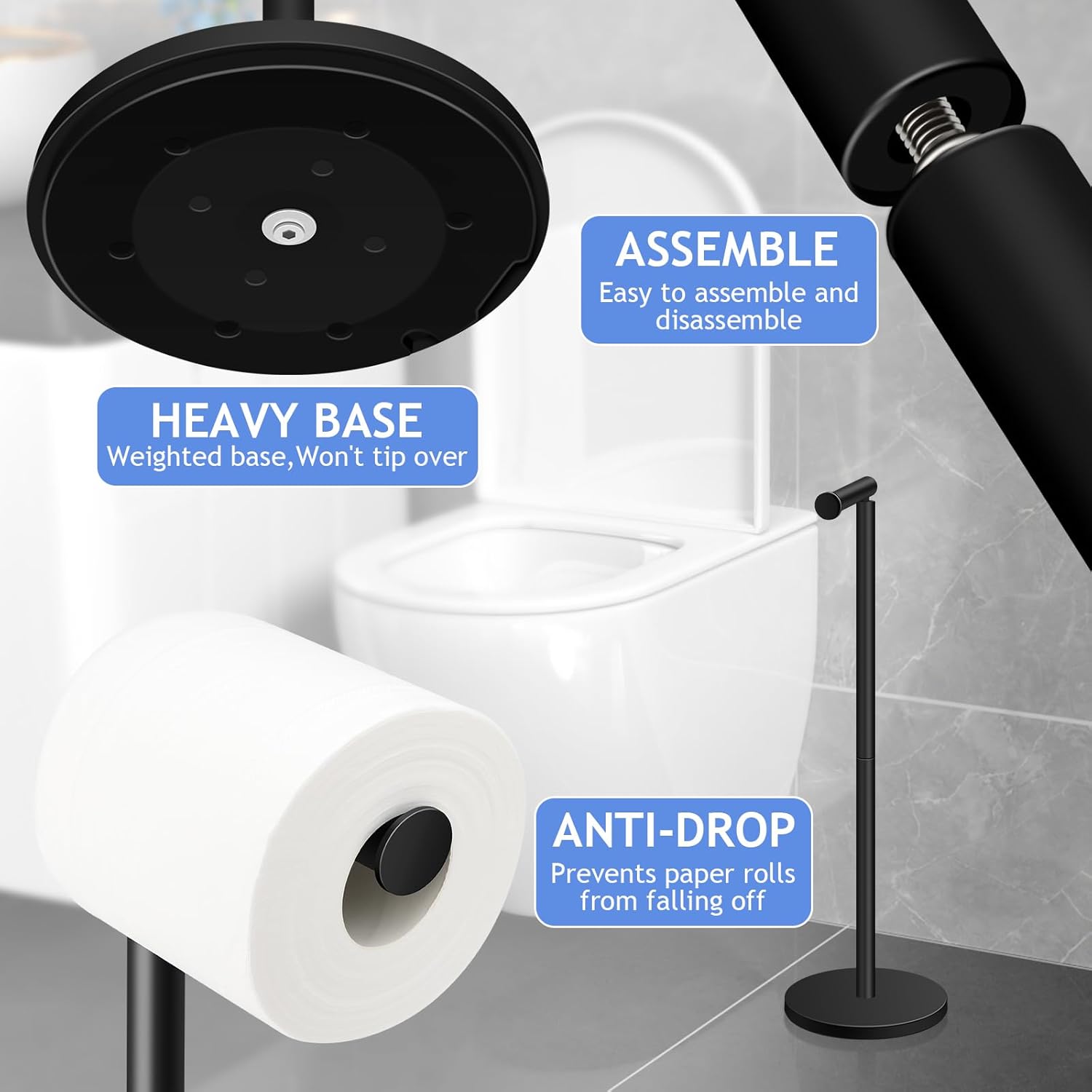 TACGEA Soporte para papel higiénico, soporte para rollo de papel higiénico de baño, acero inoxidable, almacenamiento para 4 rollos de papel, negro