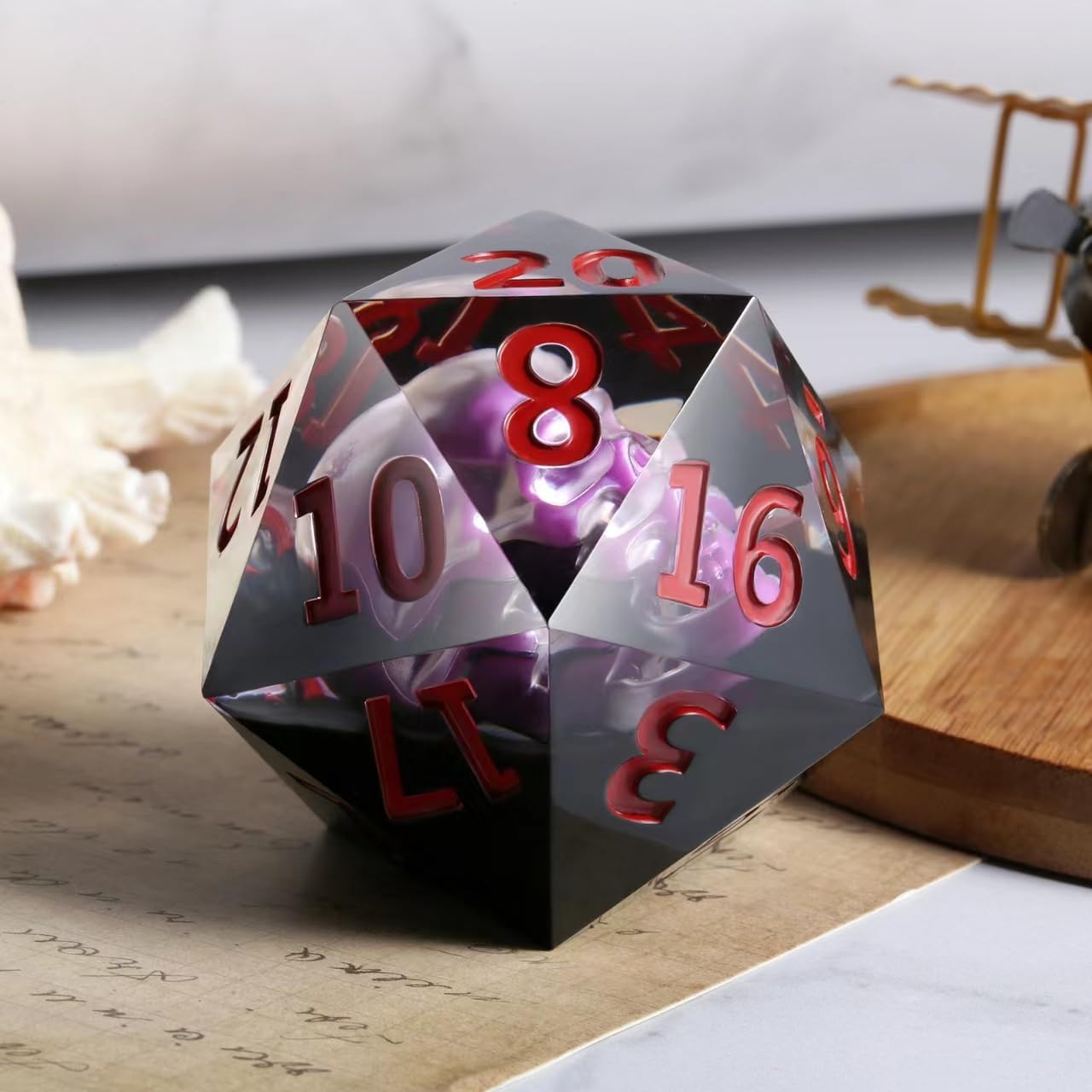 Dados D&d poliédricos D&d de 20 caras grandes de calavera D20 DNDND de 2.165 in con bolsa de terciopelo para DND (calavera morada)