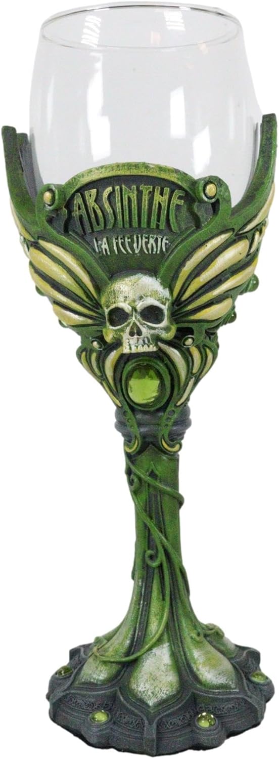 Ebros Gift Absenta de hadas bohemia parisina La Fee Verte cráneo con gema verde y tallo de vid Copa de vino Cáliz de vidrio Osario Macabra Accent