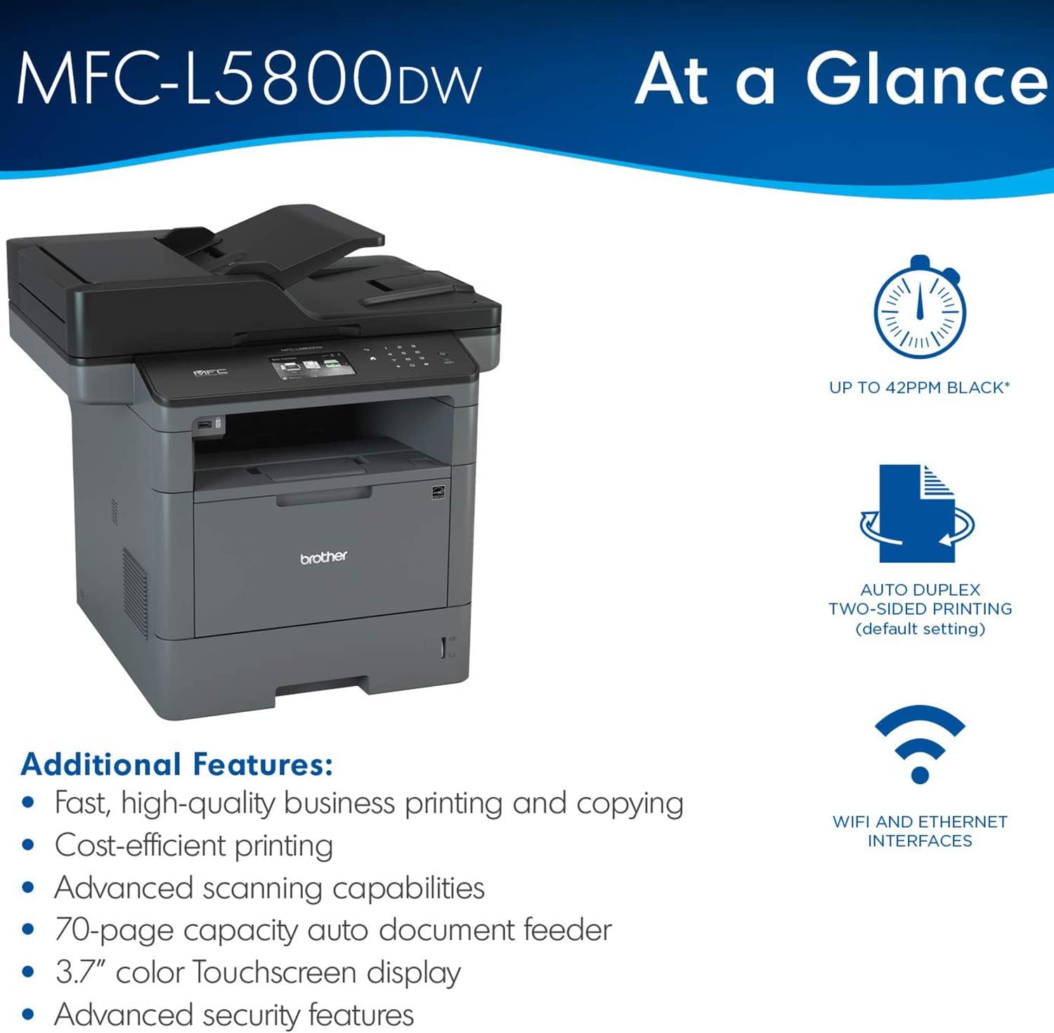 Brother MFC-L5800DWA Impresora láser monocromática inalámbrica todo en uno, color gris – Impresión de copia de fax – 42 ppm, 1200 x 1200 ppp,