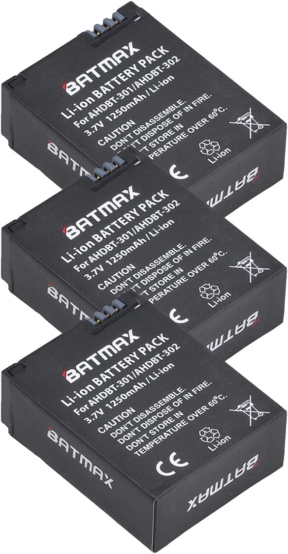 Batmax 3 baterías AHDBT-301 de iones de litio + cargador USB LED de 3 ranuras para cámaras GoPro Hero 3, Hero 3+ GoPro AHDBT-301, AHDBT-302