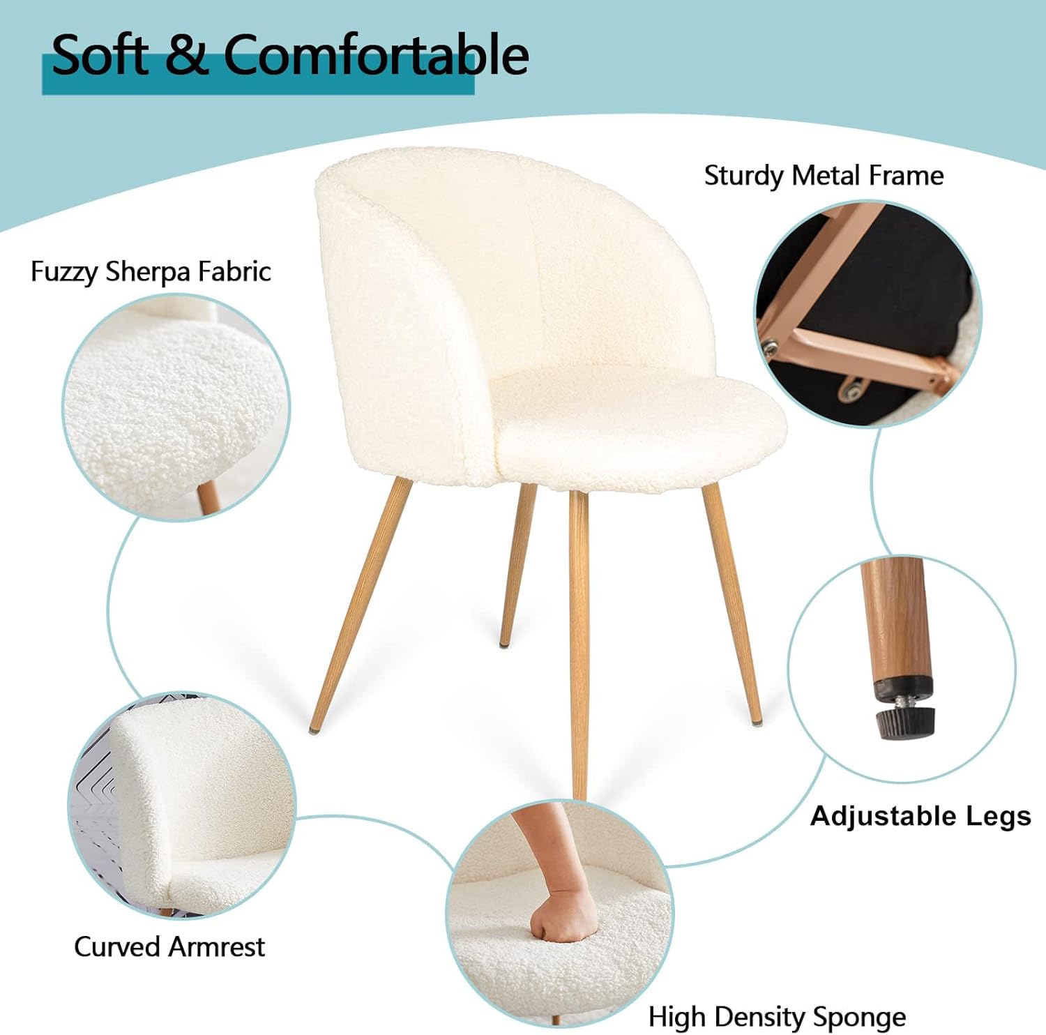 Homtique Juego de 2 sillas de comedor modernas, silla decorativa tapizada de sherpa, silla de ocio con reposabrazos y patas de metal de grano de