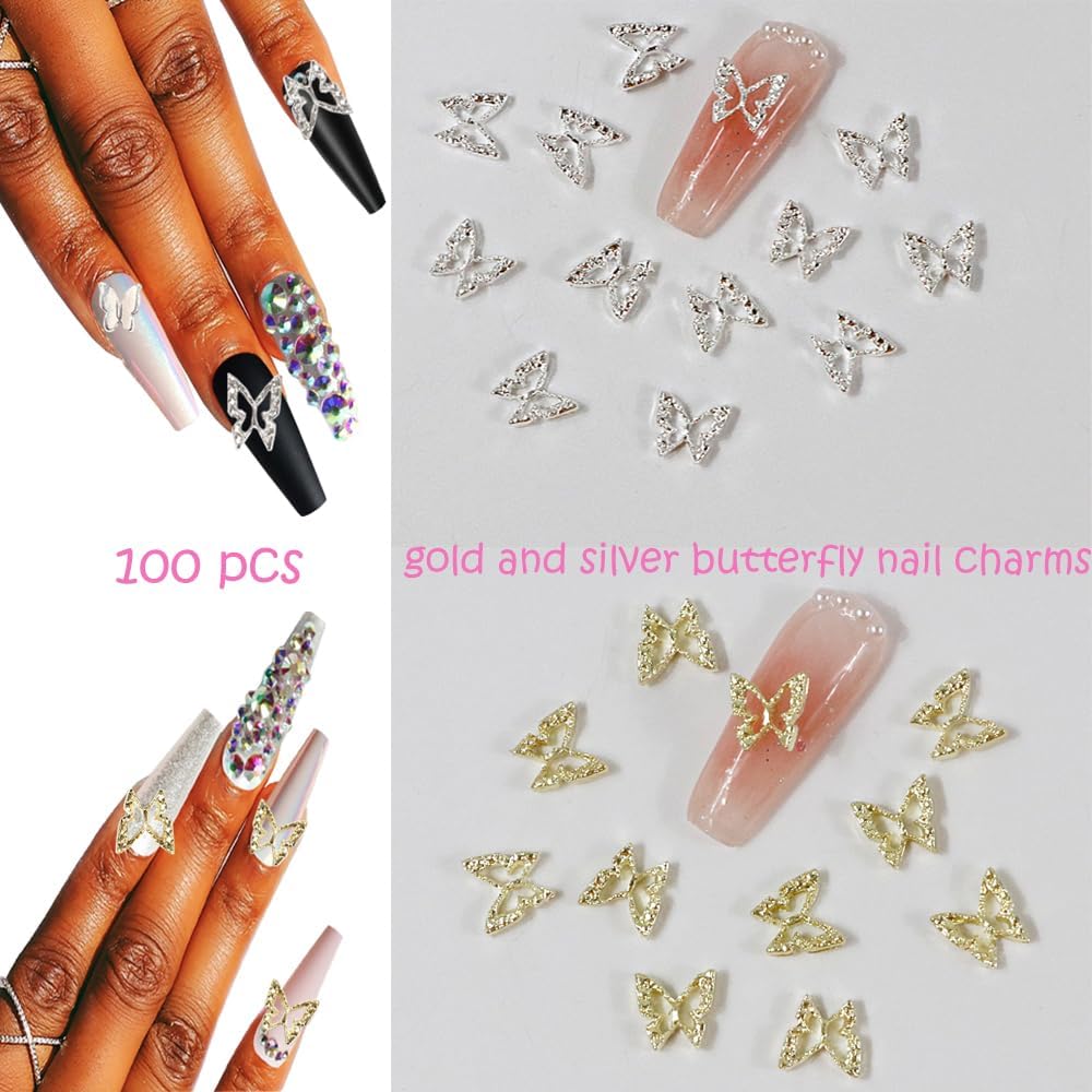 Dijes de mariposa 3D para uñas, 100 piezas de dijes de mariposa para uñas, dijes plateados y dorados para uñas acrílicas, accesorios de arte de uñas
