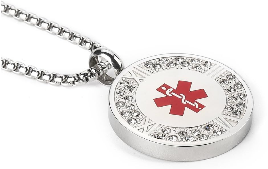 Collar de identificación médica de cristal de acero inoxidable para mujer, 24 pulgadas, grabado gratuito, Chain length 24 Inch