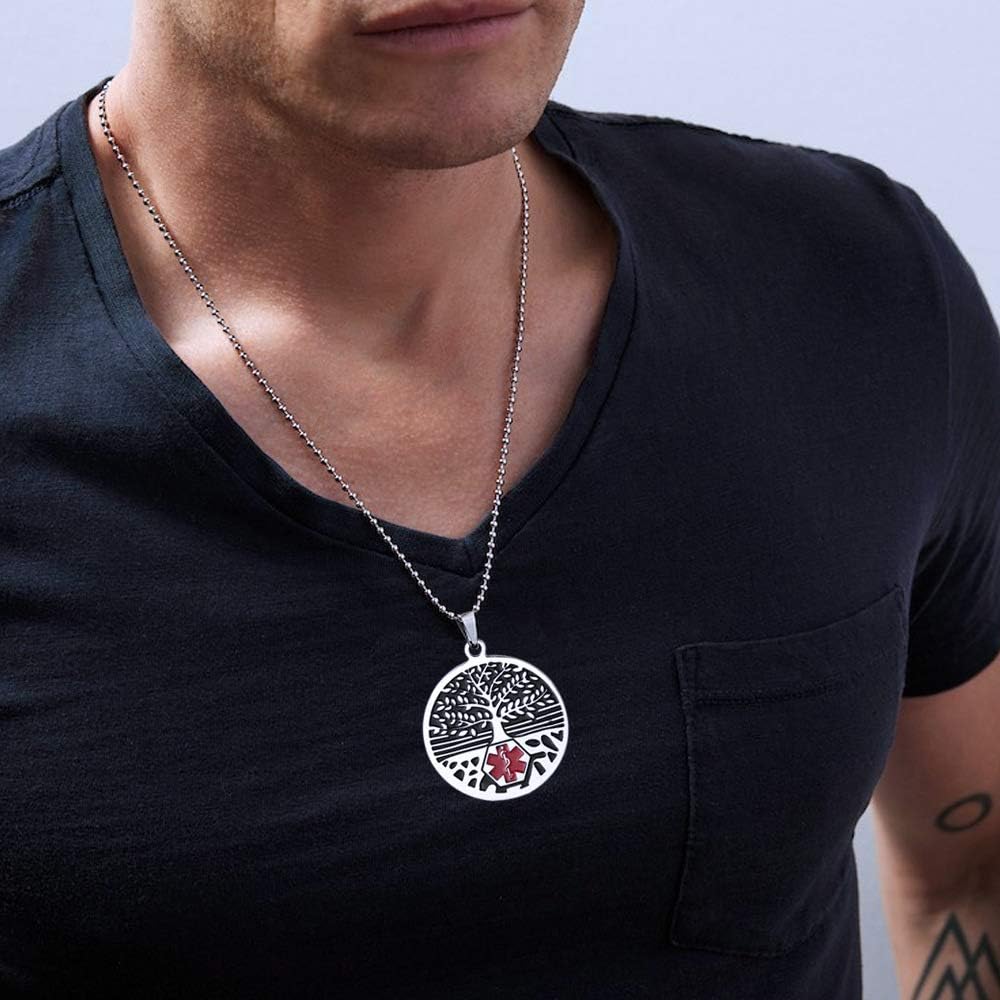 Collar de primeros auxilios de emergencia de identificación de alerta médica del árbol de la vida de acero inoxidable