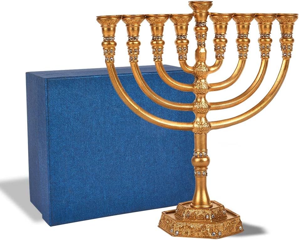 Zion Judaica Temple Hanukkah Menorah – Vela de peso sólido en caja de regalo tradicional de Janucá Se adapta a velas estándar de Hanukkah – Regalo