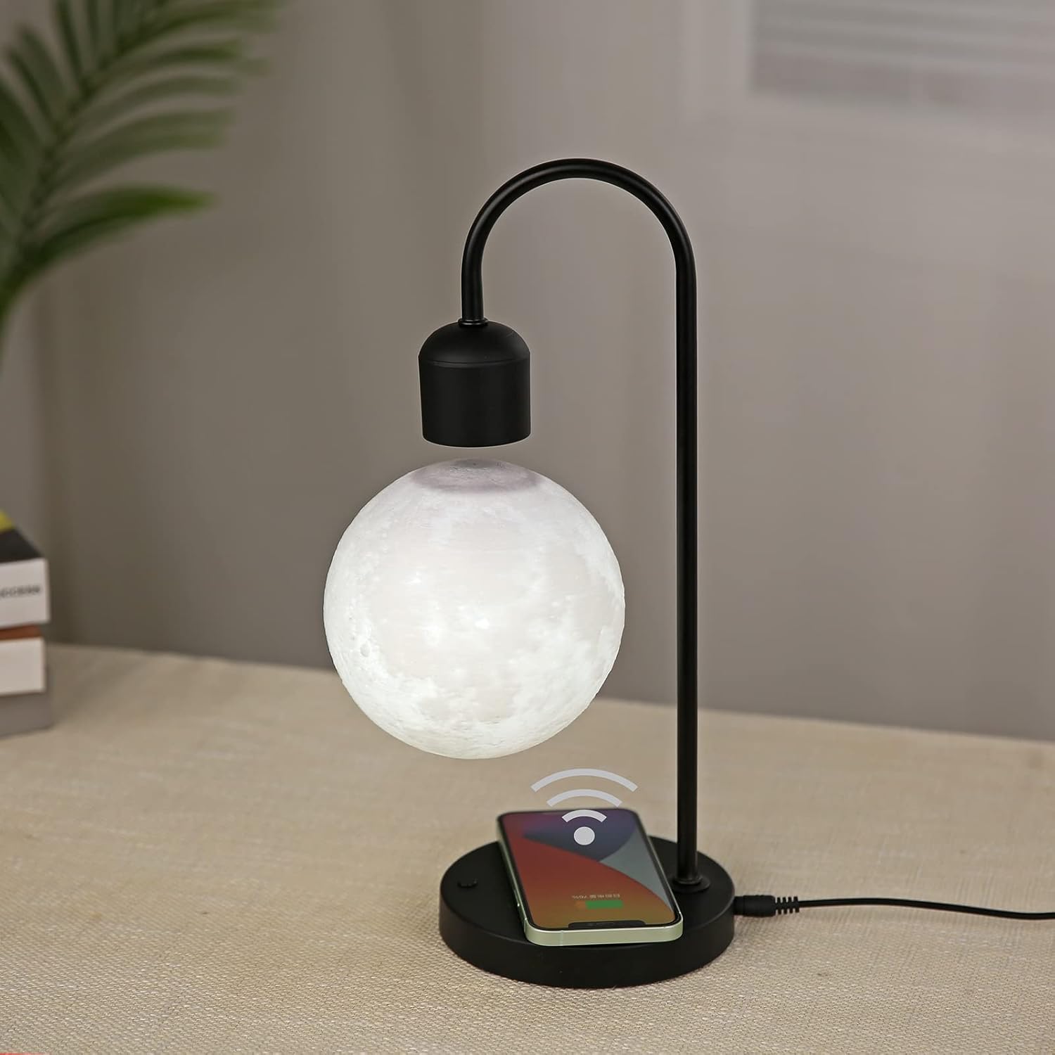 Lámpara de luna flotante, bombilla LED magnética de escritorio con bola de levitación LED y cargador de teléfono inalámbrico, decoración de oficina