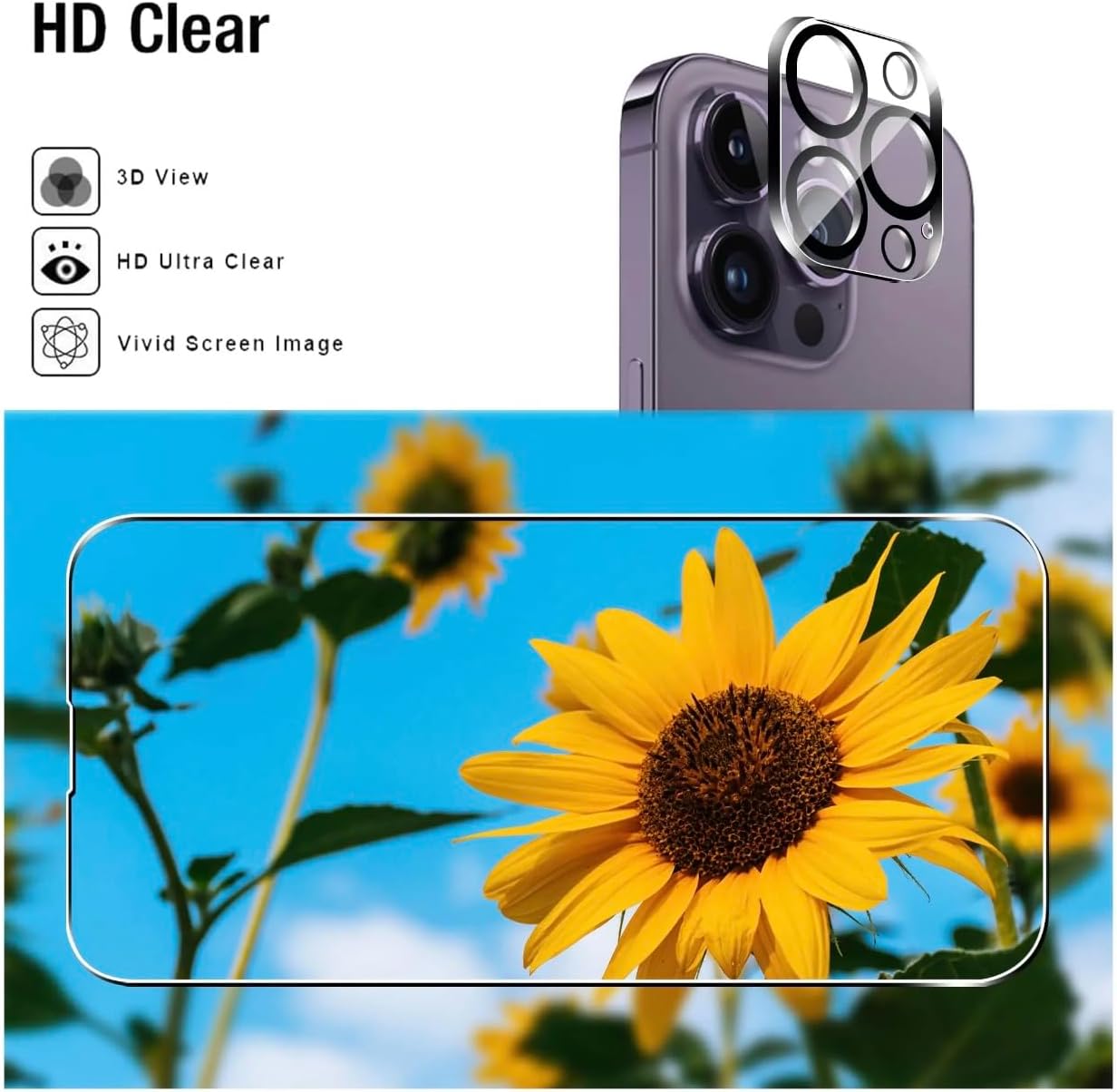 AD – Paquete de 2 protectores de pantalla con 2 protectores de lente de cámara de vidrio templado para iPhone 15 (dureza 9H) HD (paquete de 4)