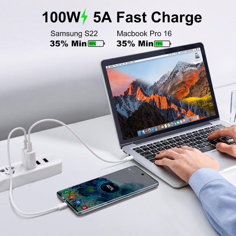 Cable USB C a USB C de 100 W, cable de carga USB C de 100 pies, cable USB C de carga rápida USB tipo C compatible con iPhone