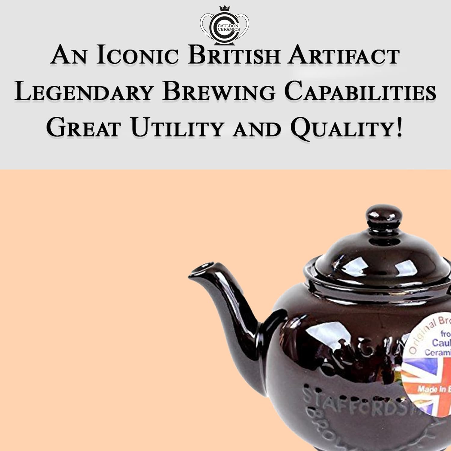 Cauldon Ceramics Classic Brown Betty Tea Pot  Tetera Betty marrón de 4 tazas hecha a mano con logotipo, fabricada con arcilla roja Staffordshire,