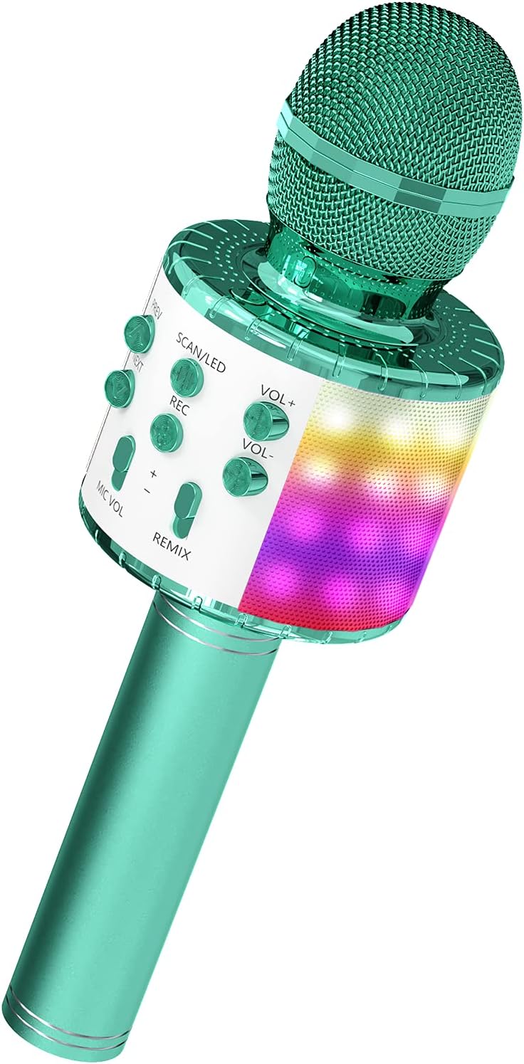 OVELLIC – Micrófono de mano inalámbrico con Bluetooth y luces LED, portátil con altavoz para karaoke regalo para niñas, niños y adultos de todas las