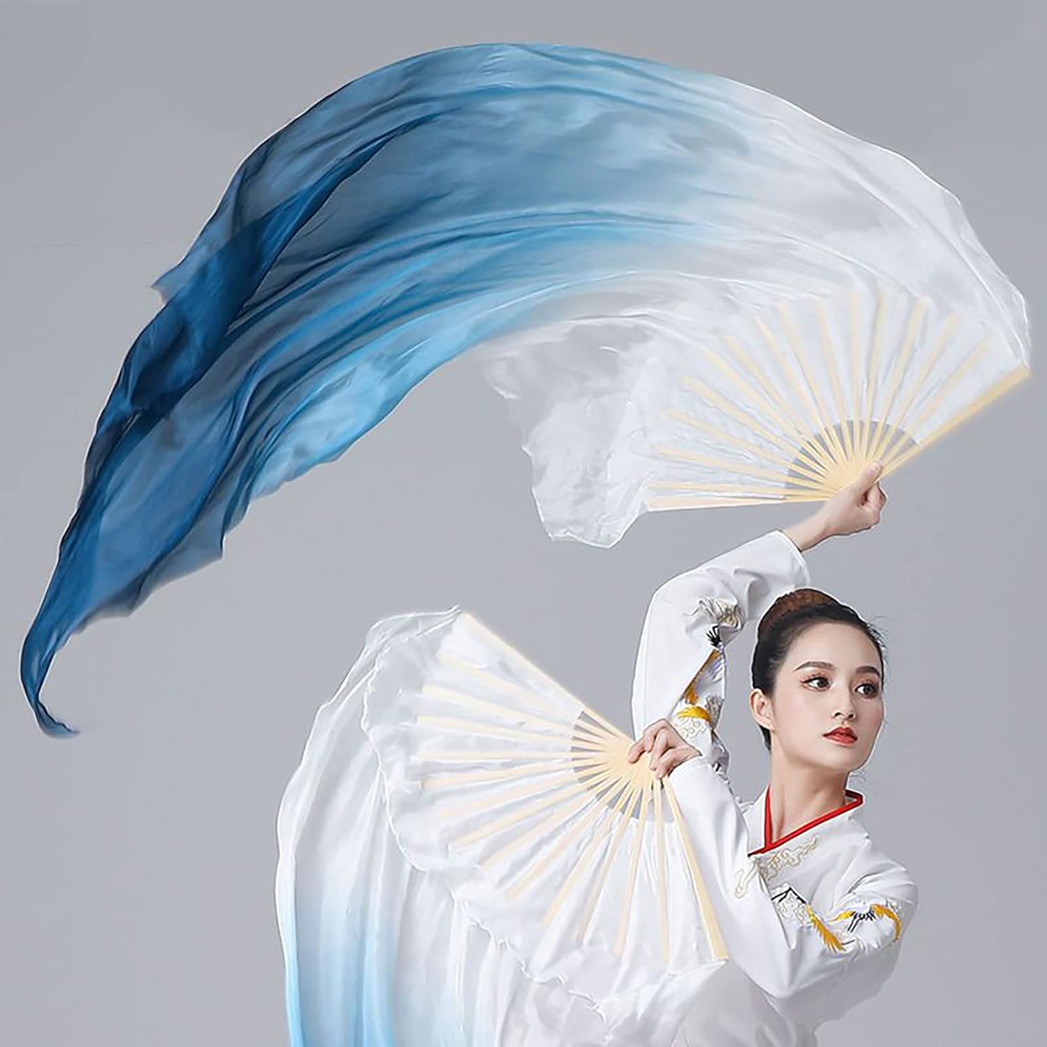 1 par (izquierda y derecha) para mujer, abanico de seda real para danza del vientre, 4.9 ft de seda para danza del vientre, velos de bambú para