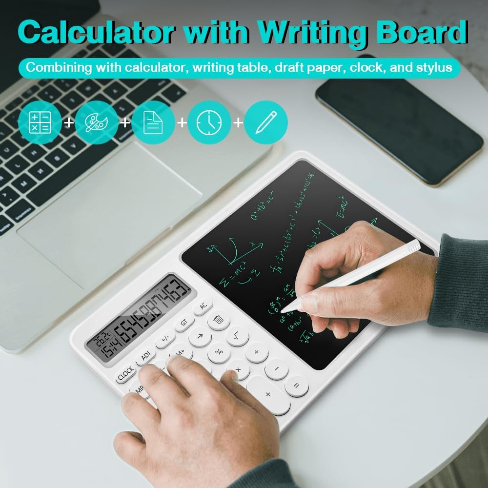 Zuukoo Bloc de notas con tableta de escritura LCD de 8 pulgadas, calculadora de escritorio con bolígrafo de escritura, calculadora pequeña con