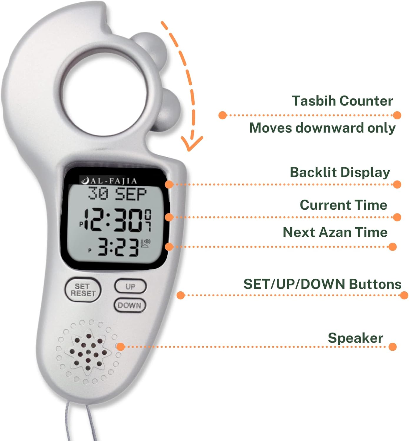 AL-FAJIA Contador digital Tasbih digital con recordatorio de sonido islámico y recordatorio, reloj Azan completo para Estados Unidos y en todo el