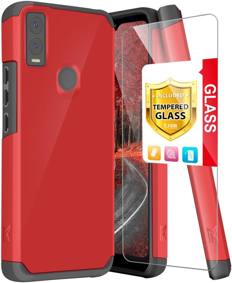 TJS Funda compatible con Cricket Innovate E 5G (solo versión E, juego de 2 cámaras), con protector de pantalla de vidrio templado de doble capa
