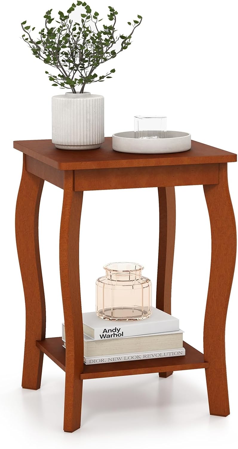 GOFLAME Mesa auxiliar cuadrada de 2 niveles, moderna mesa auxiliar de sofá con estante de almacenamiento, patas de madera maciza, mesa de acento