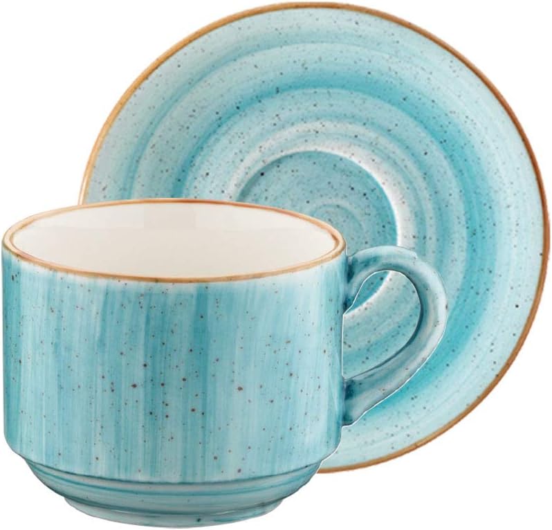 Turgla Home Sea Blue – Juego de tazas de café apilables + platillos redondos, juego de taza de café y platillo, bebidas, café, apto para microondas,