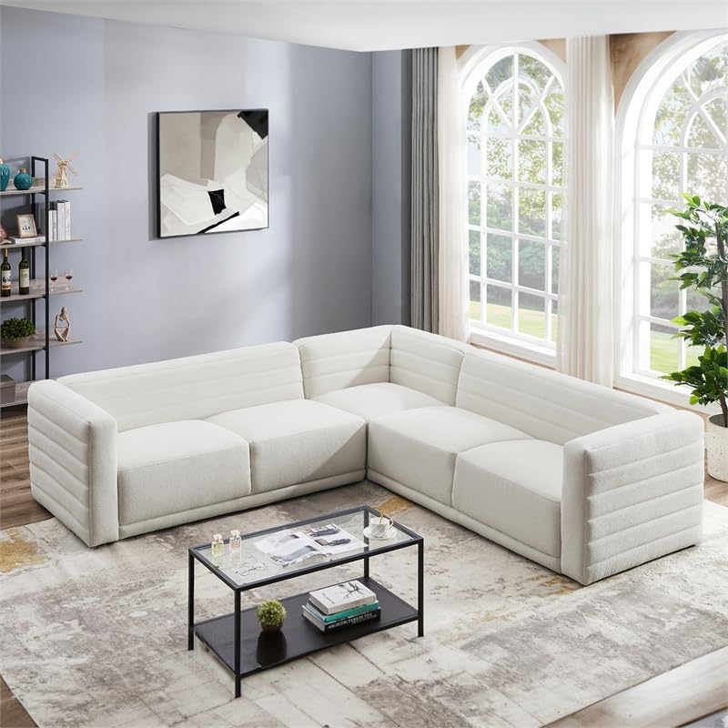 Rosebowl – Sofá simétrico de esquina de esquina de tela de boucle crema
