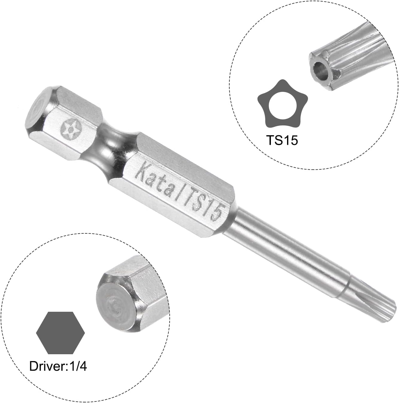 TS15 – Destornillador magnético de seguridad con estrella de seguridad de 5 puntos, vástago hexagonal de 14 pulgadas, longitud de 2 pulgadas