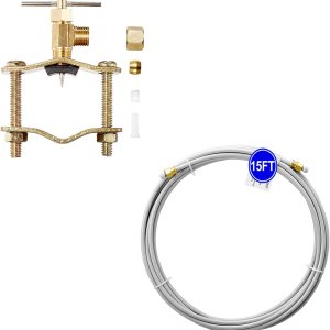 Válvula de sillín autoperforante, válvula de aguja de latón de salida de compresión de 14 pulgadas + línea de agua para refrigerador PEX de 15 pies, Válvula de sillín autoperforante, válvula de aguja de latón de salida de compresión de 14 pulgadas + línea de agua para refrigerador PEX de 15 pies,
