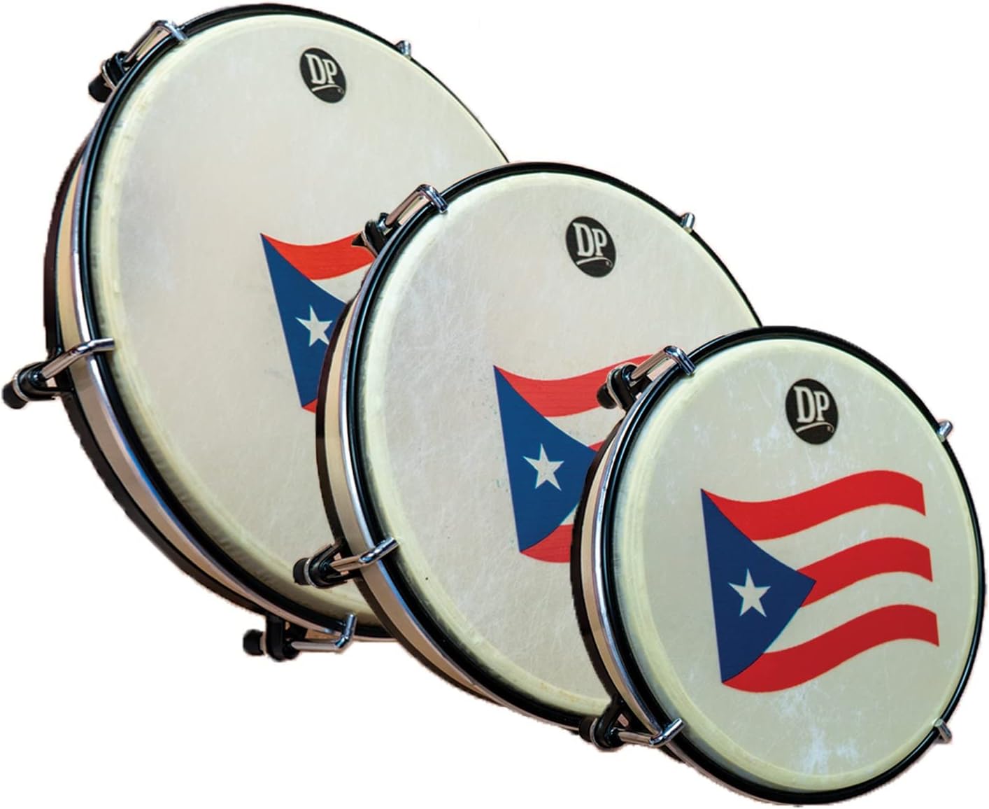 DP Music Set de Panderos – Marco de madera Pleneras Tambores con bandera de Puerto Rico – Estuche de transporte de nailon incluido