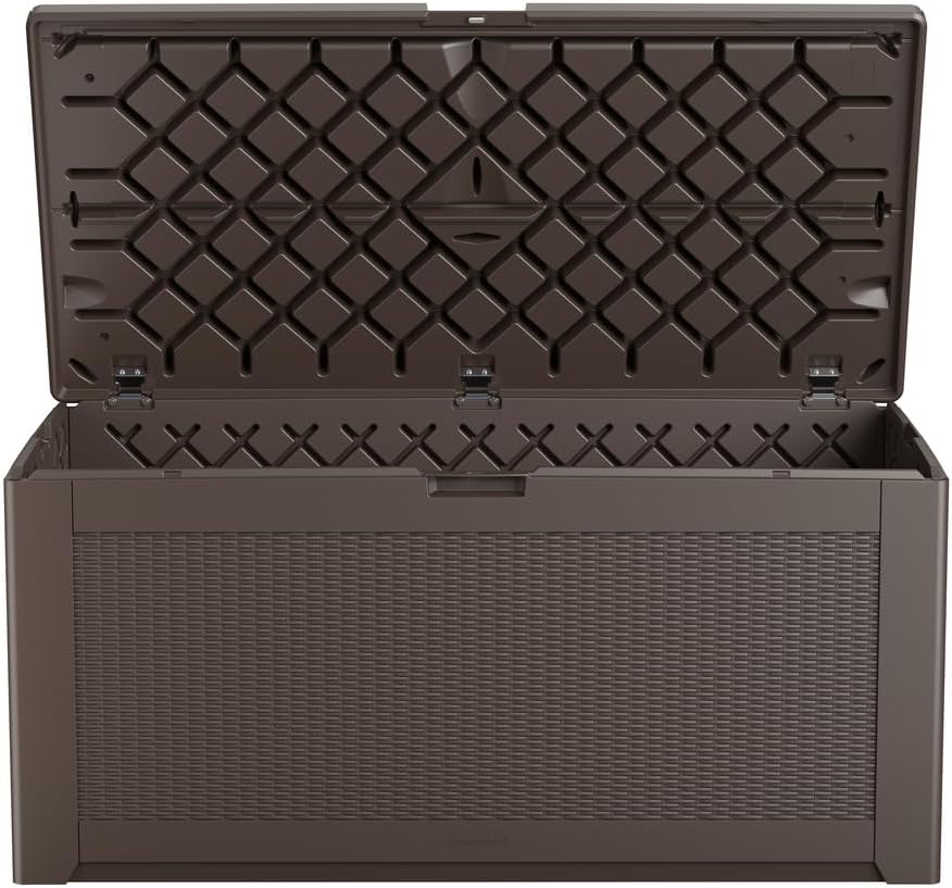 Rubbermaid Caja de almacenamiento de resina extragrande para exteriores (134 galones), resistente a la intemperie, marrón, organización de cubierta