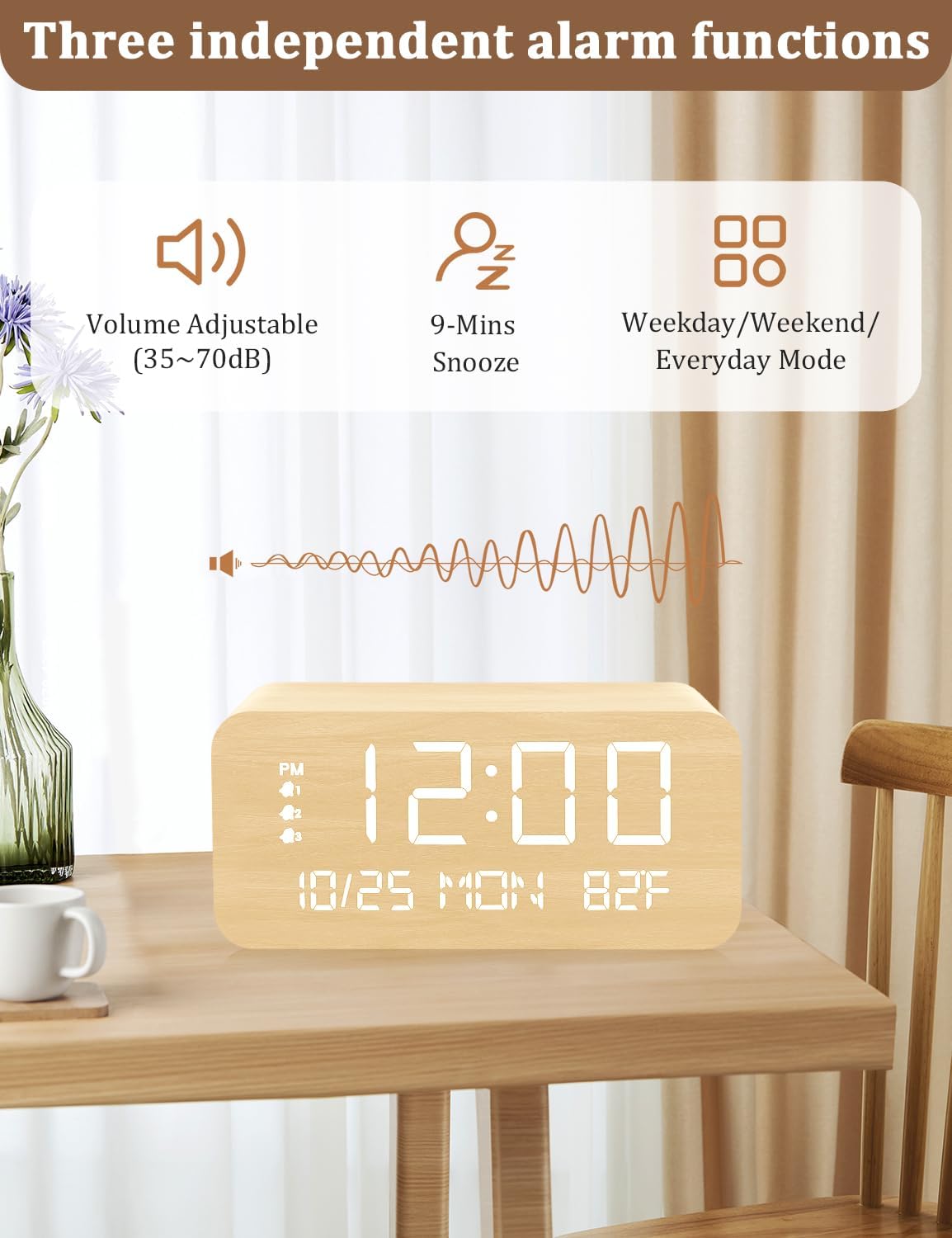 JALL Reloj despertador digital, con pantalla LED electrónica de madera, 3 ajustes de alarma, carga inalámbrica de 10 W, día de la semana, detección