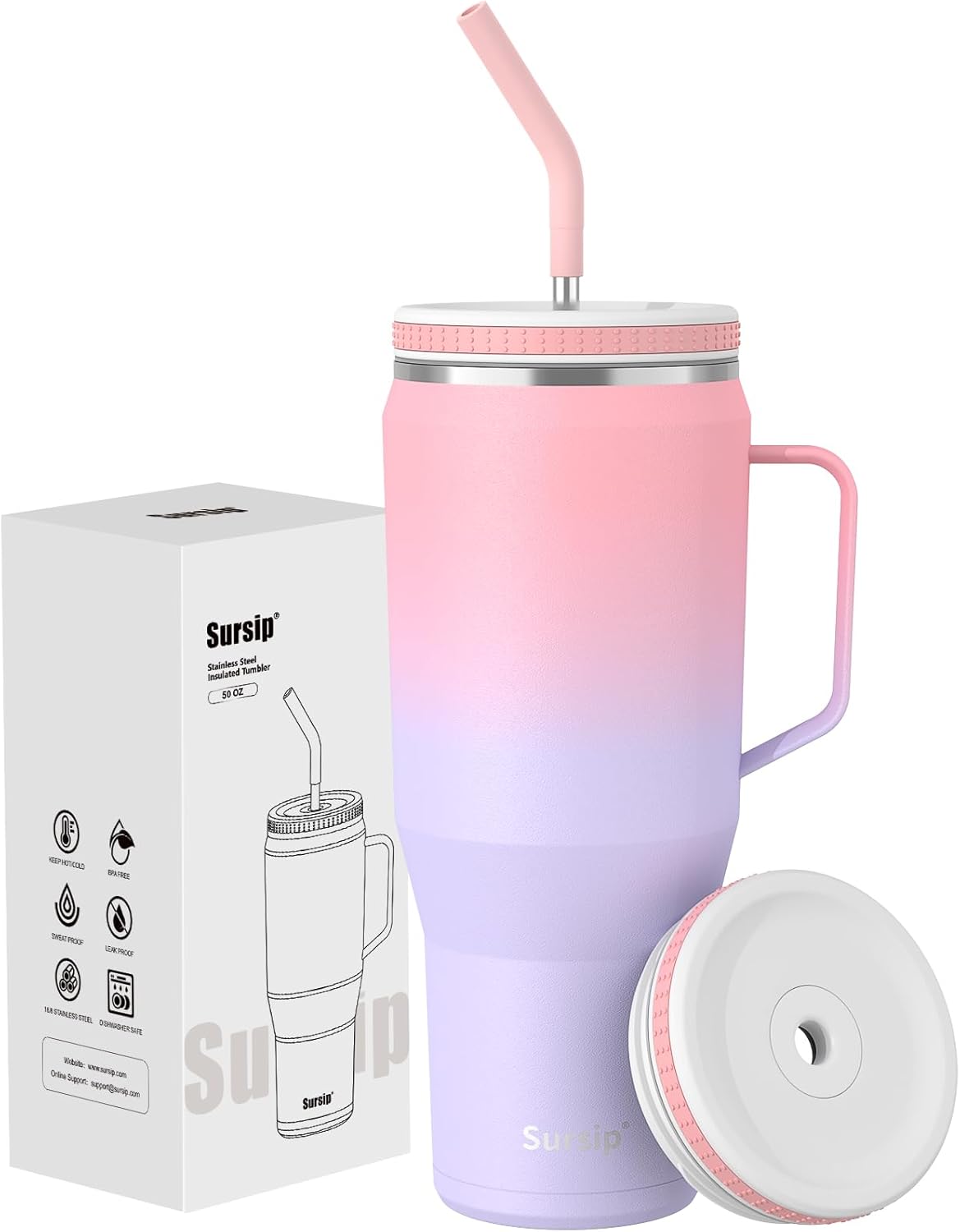 Sursip Vaso de 50 onzas con asa y tapa con pajilla, de acero inoxidable aislado al vacío, para café, viaje, mantiene el frío durante 24 horas, a