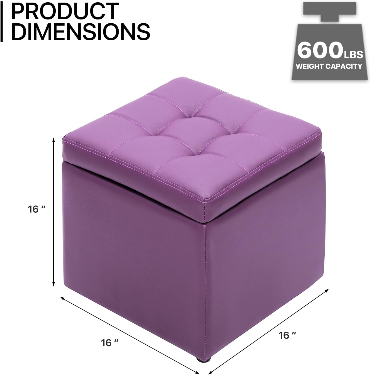 MoNiBloom Otomana pequeña con almacenamiento, moderna de 15.5 pulgadas, de piel sintética, color morado, con tapa abatible, reposapiés con tapa con