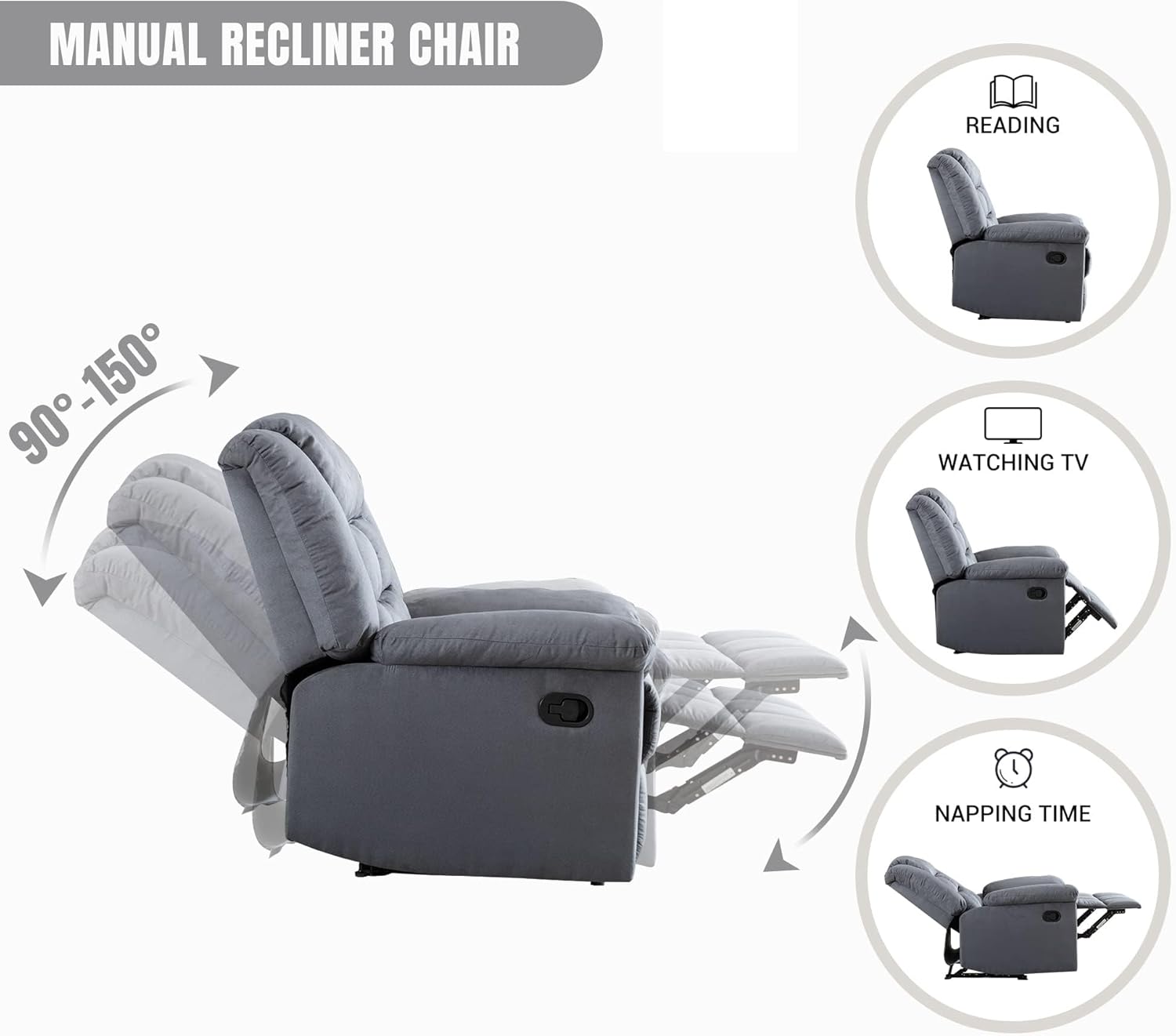 Silla reclinable manual clásica con reposacabezas y reposabrazos acolchados suaves, sofá individual con relleno para sala de estar, dormitorio, gris