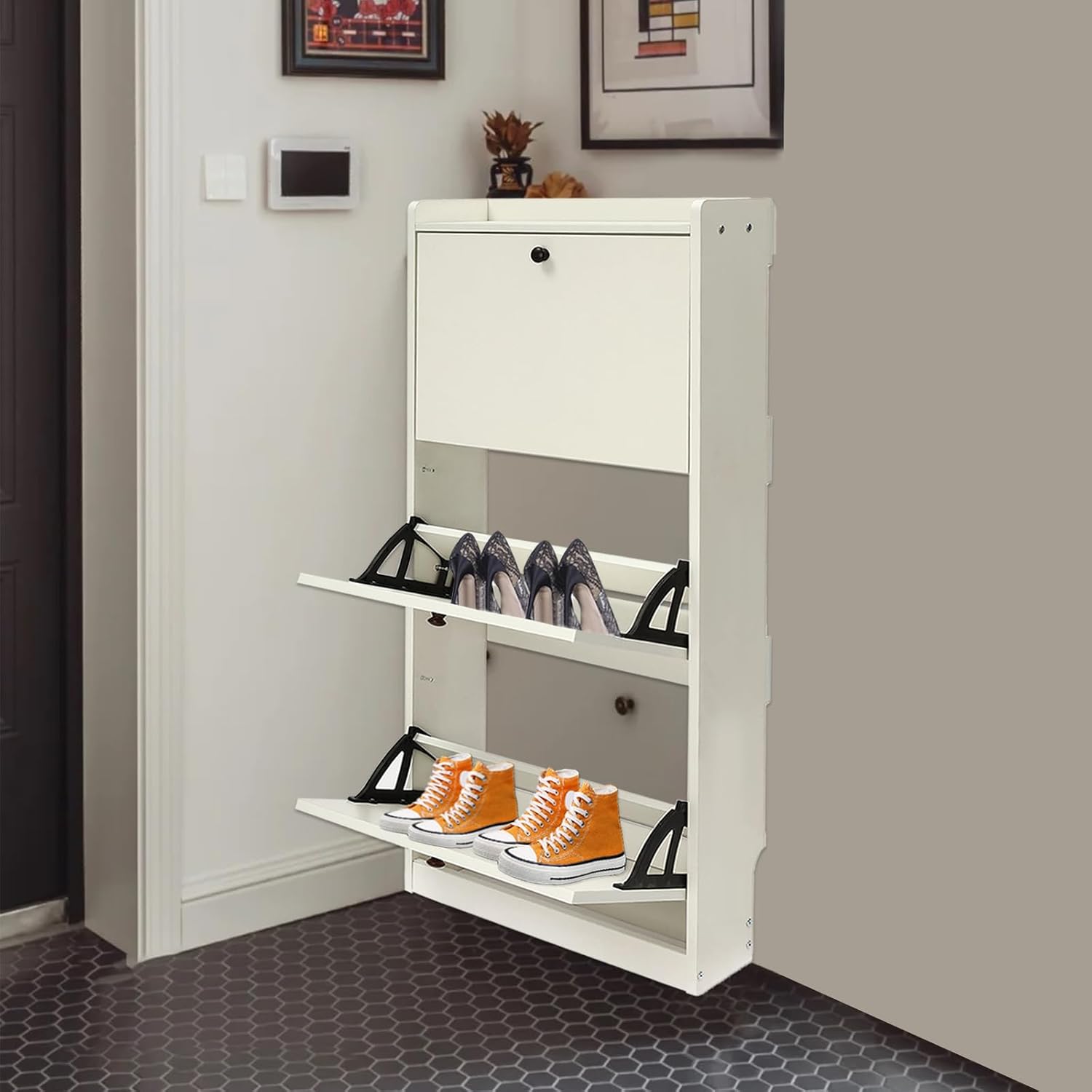 Zapatero moderno de 3 niveles blanco organizador de almacenamiento de pie, organizador de zapatos ajustable estante independiente con 3 puertas