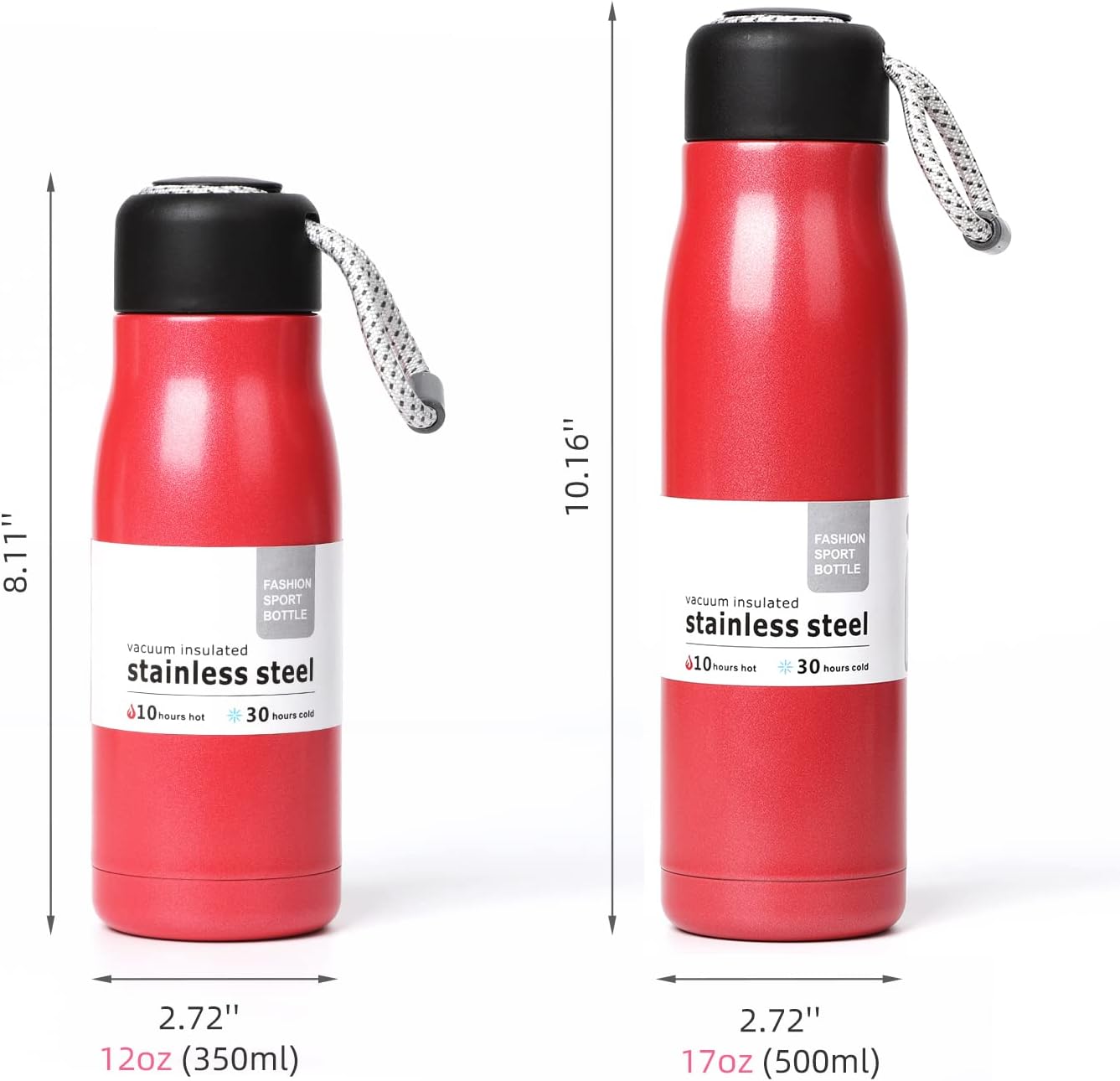 NICEMER Botella de agua, botellas de agua pequeñas, botella aislada de acero inoxidable con tapa de correa, reutilizable al vacío de tres capas