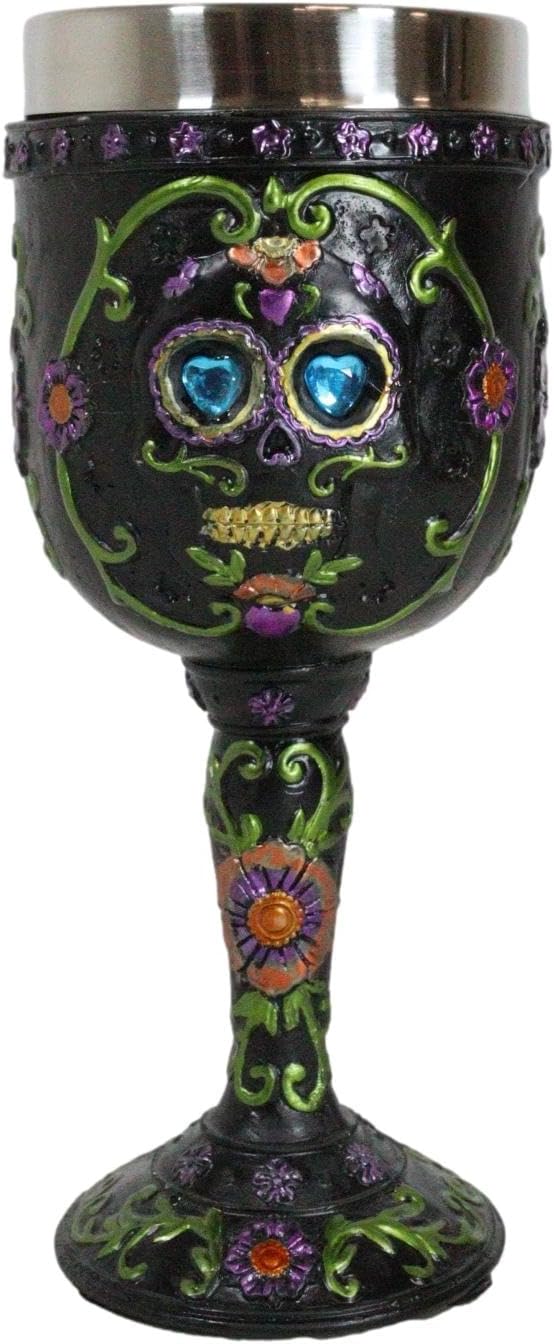 Ebros Día de los Muertos Osario Boda Calavera de Azúcar Negro Copa de Vino 7oz Cáliz Como Cocina Decorativo Fiesta de Halloween Centro de mesa