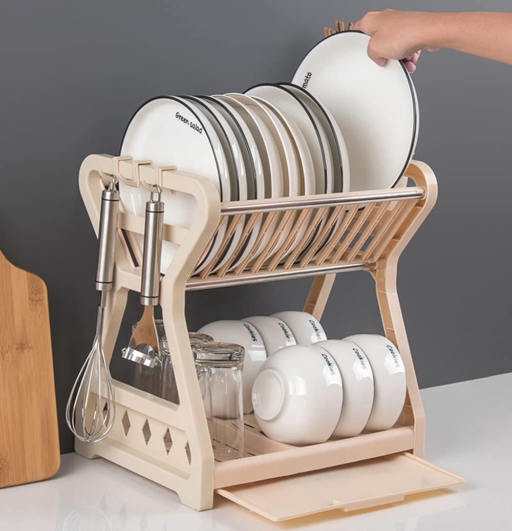 Escurridor de platos fácil de limpiar, escurridor de platos de 2 niveles con escurridor, organizador de platos de cocina, escurridor de platos con