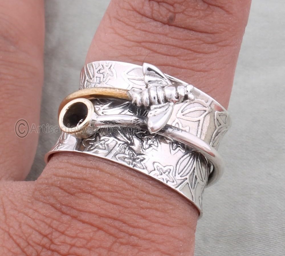Spinner Silver Ring, 925 Silver Ring, Handmade Ring, Hammered Silver Ring, Spinning Silver Ring, Fidget Spinner Ring, Honey Bee Silver Ring, Spinner