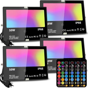 Luz de inundación LED para exteriores, 50 W RGB que cambia de color iluminación de paisaje con control remoto, temporizador, 12 colores – 4 modos, Luz de inundación LED para exteriores, 50 W RGB que cambia de color iluminación de paisaje con control remoto, temporizador, 12 colores – 4 modos,