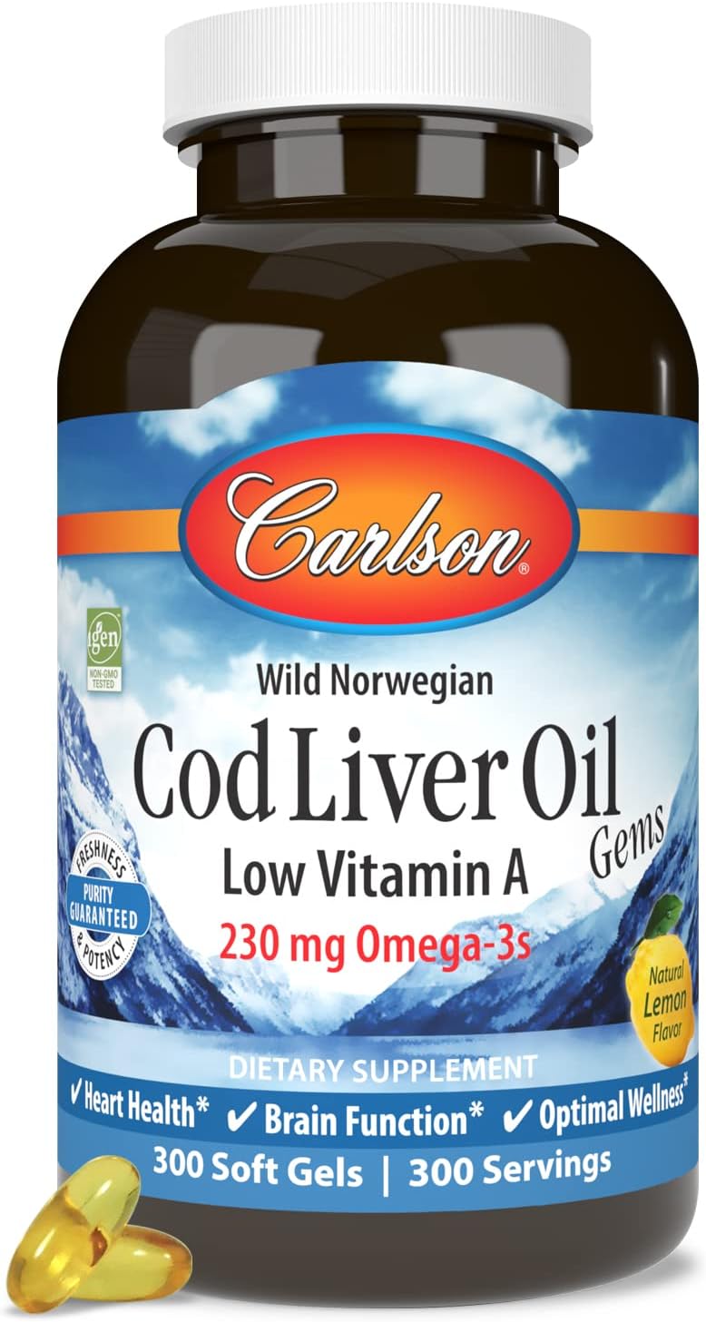 Carlson – Gemas de aceite de hígado de bacalao, baja vitamina A, 230 mg de omega-3, noruego, capturado en la naturaleza, de origen sostenible, 300