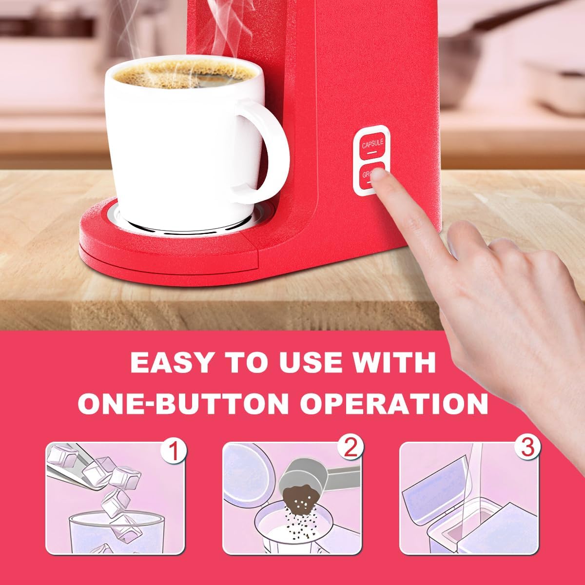 Cafetera de una sola porción, cafetera de taza 2 en 1 K para cápsulas y café molido, cafetera pequeña de una taza con función de autolimpieza,
