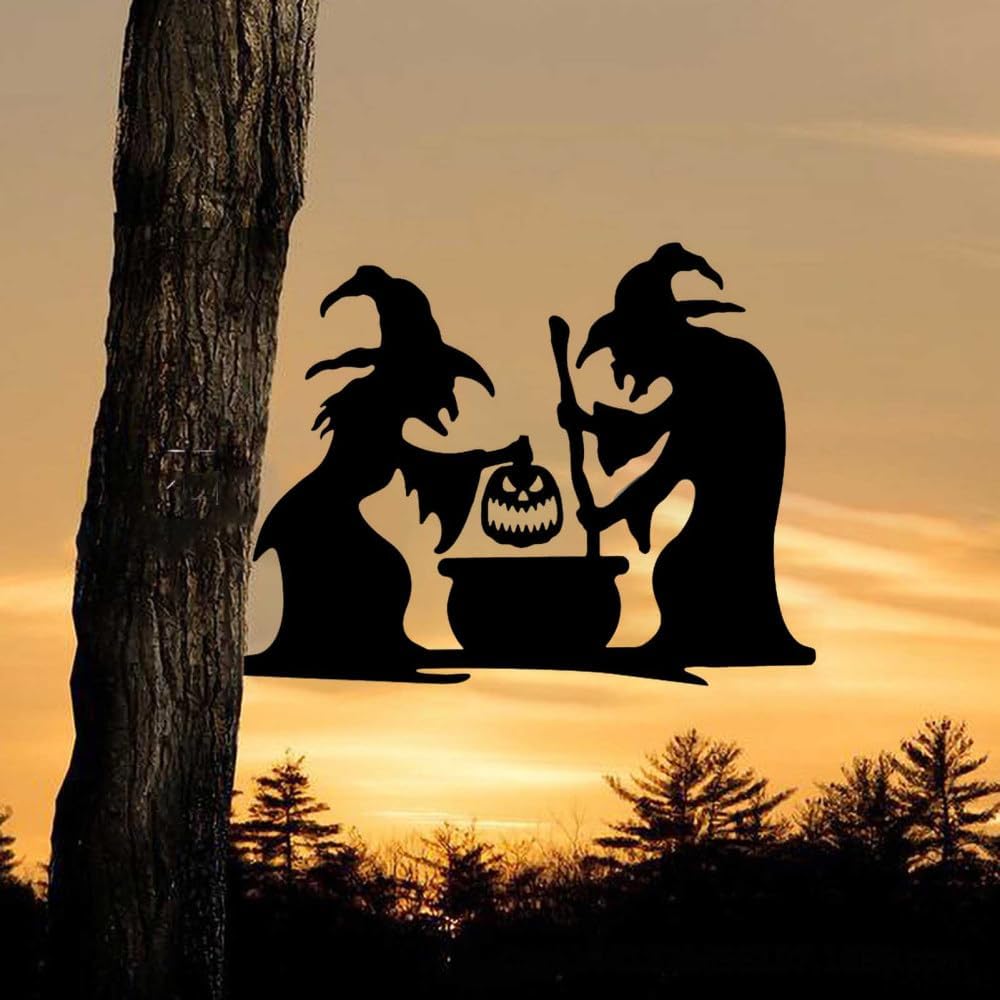 Decoración de silueta de bruja de Halloween para exteriores, 2 brujas negras grandes con caldero, silueta aterradora, reflectantes, impermeables, de