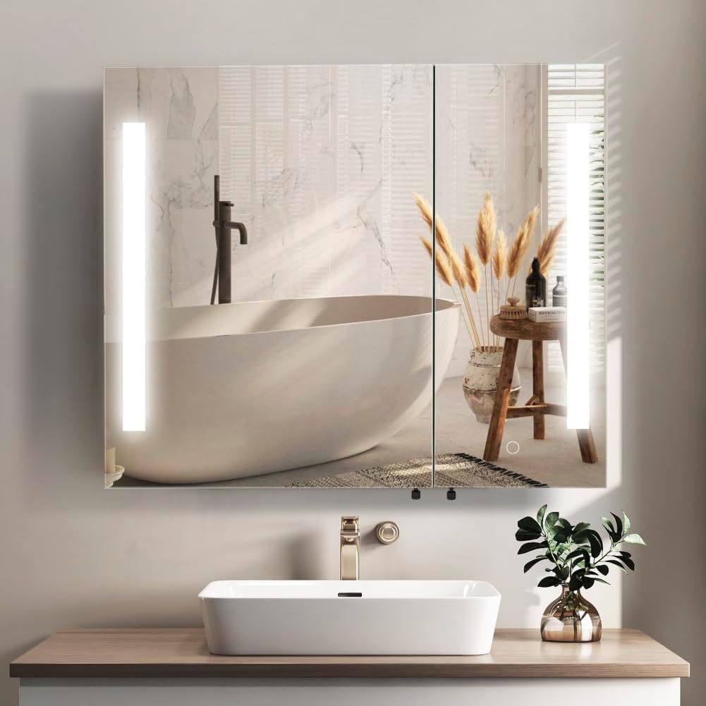 Movo Botiquín iluminado con espejo, 30 pulgadas x 26 pulgadas, espejo LED para baño con luces y almacenamiento, antivaho, regulable, cambio de