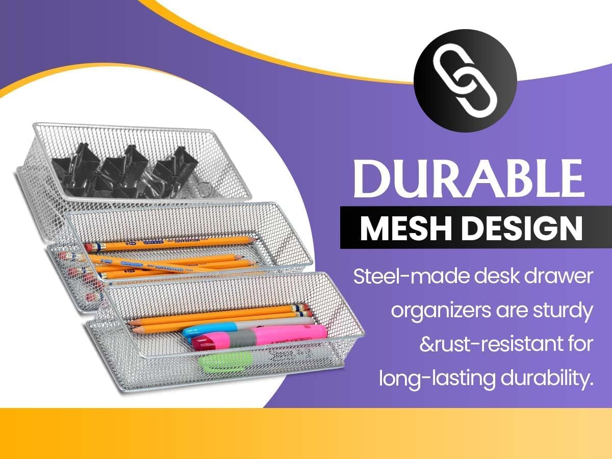 YBM HOME Organizador de cajones de malla plateada y almacenamiento para cajones de cocina, sirve como soporte de suministros escolares, cesta