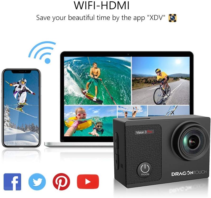 Dragon Touch Cámara de acción HD subacuática 4K, pantalla táctil Vision 3 Pro, 20MP 100 pies, impermeable, ángulo de visión ajustable, videocámara