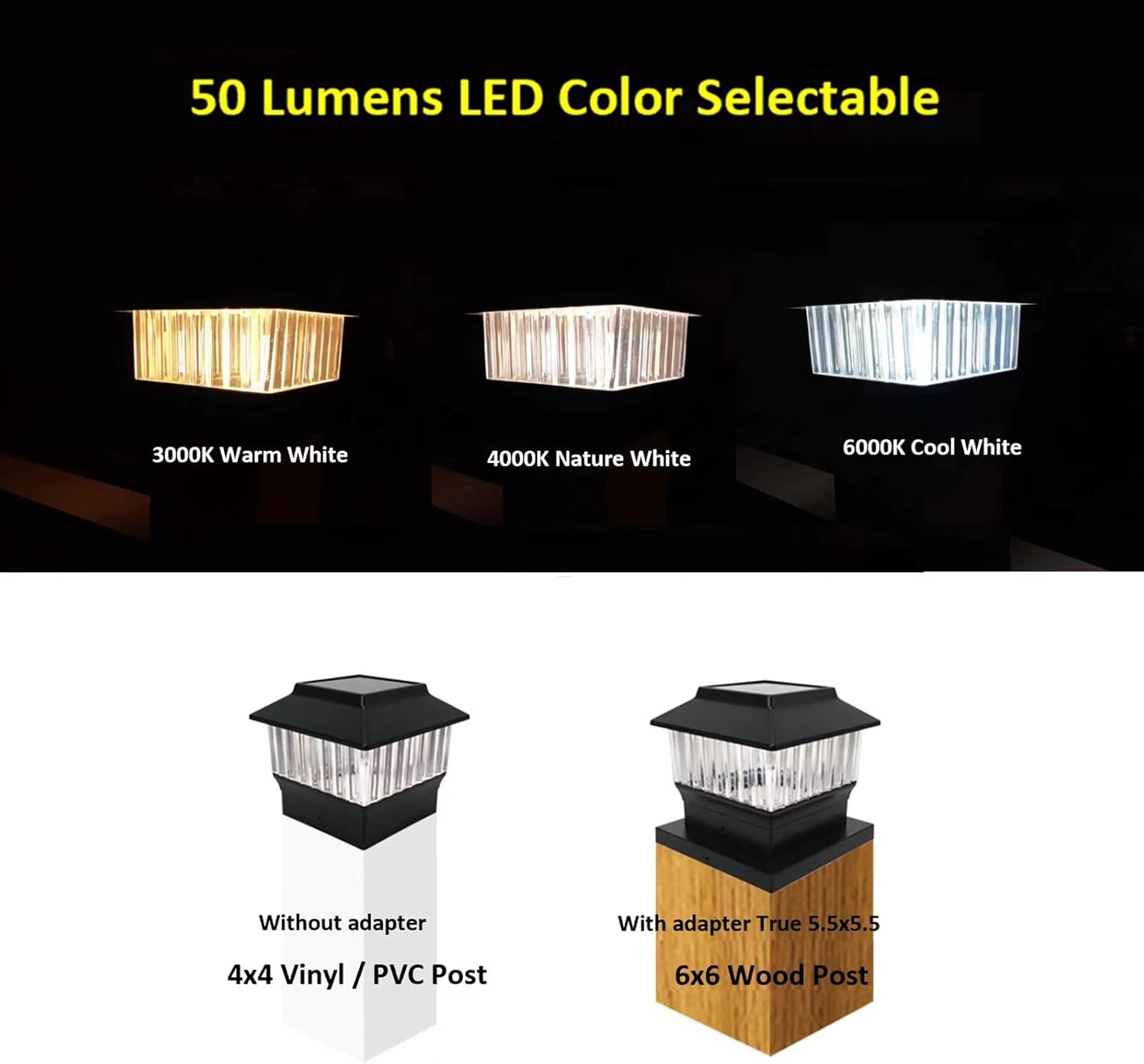 Luces solares de 50 lúmenes para postes de 4 x 4 pulgadas y 5.5 x 5.5 pulgadas, tres LED de color seleccionables, filamento LED de alto brillo para