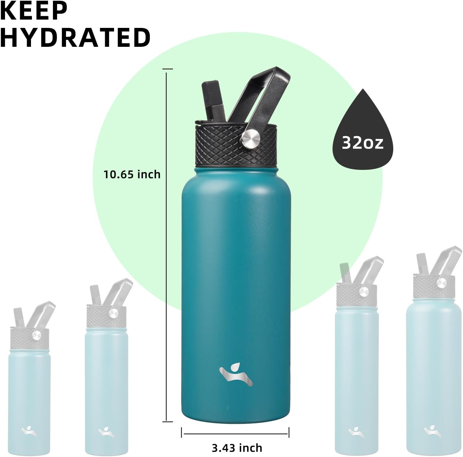 Botella de agua aislada con popote, 32 onzas, 3 tapas, botellas de metal, botella de agua de acero inoxidable, azul claro