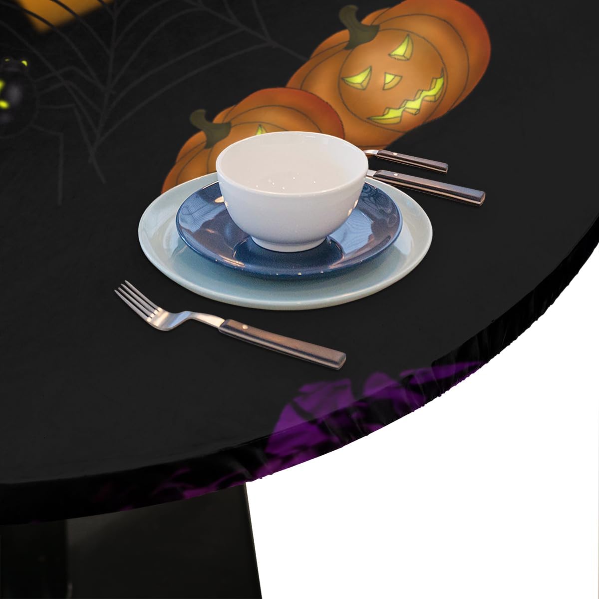Mantel redondo de Halloween con borde elástico, castillo de calabaza, fantasma, murciélago, lavable, lavable, mantel de poliéster para cocina,