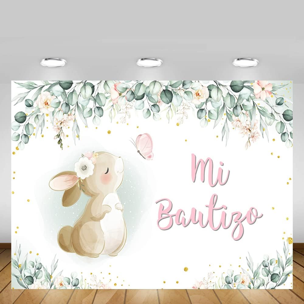 MEHOFOND Telón de fondo de bautismo Mi Bautizo de 7 x 5 pies, Dios bendiga la primera comunión, conejito de bautizo, acuarela, rosa, floral, recién