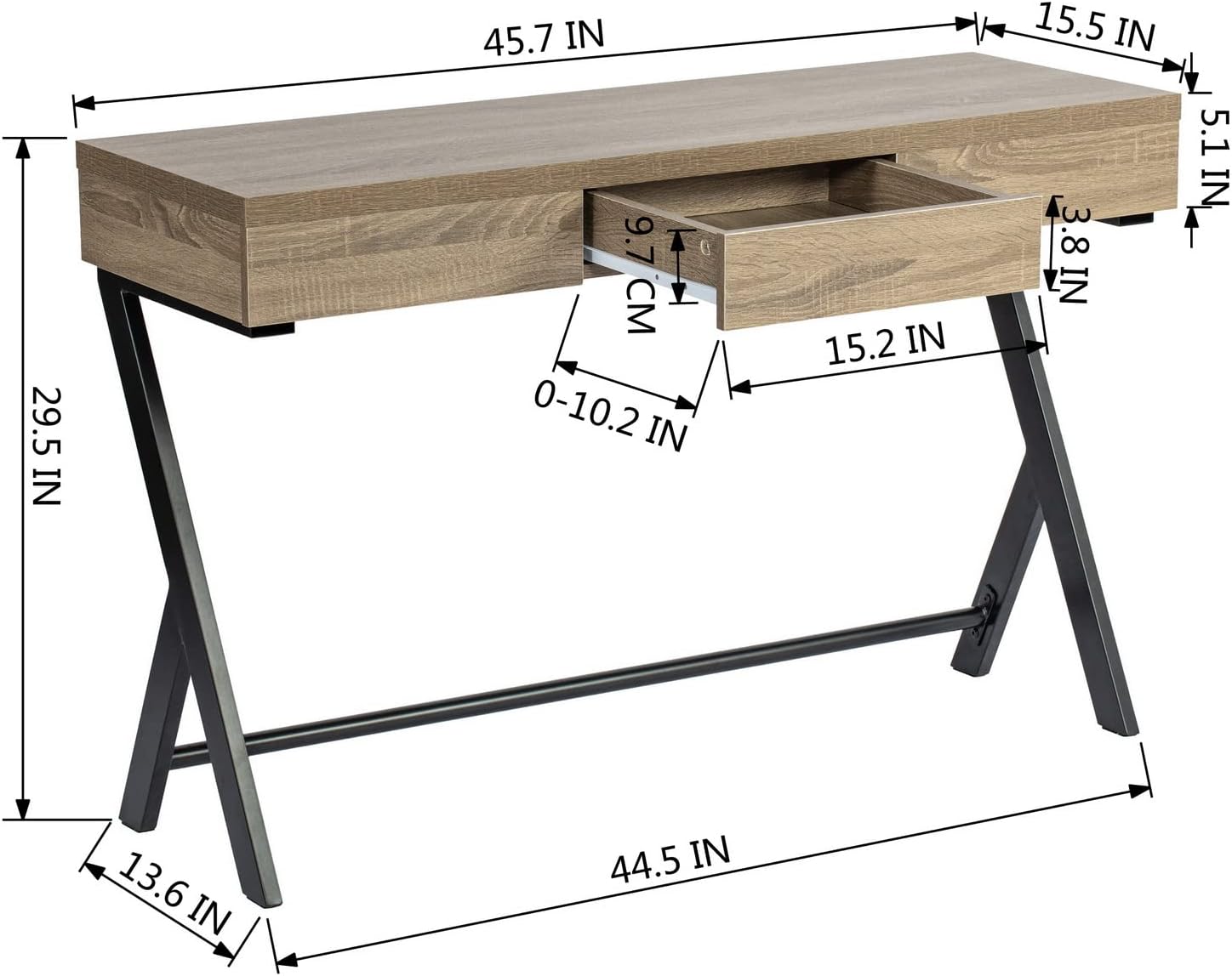 FurnitureR Escritorio de madera para computadora de 45.7 pulgadas con cajón de almacenamiento, escritorio contemporáneo con patas de metal para