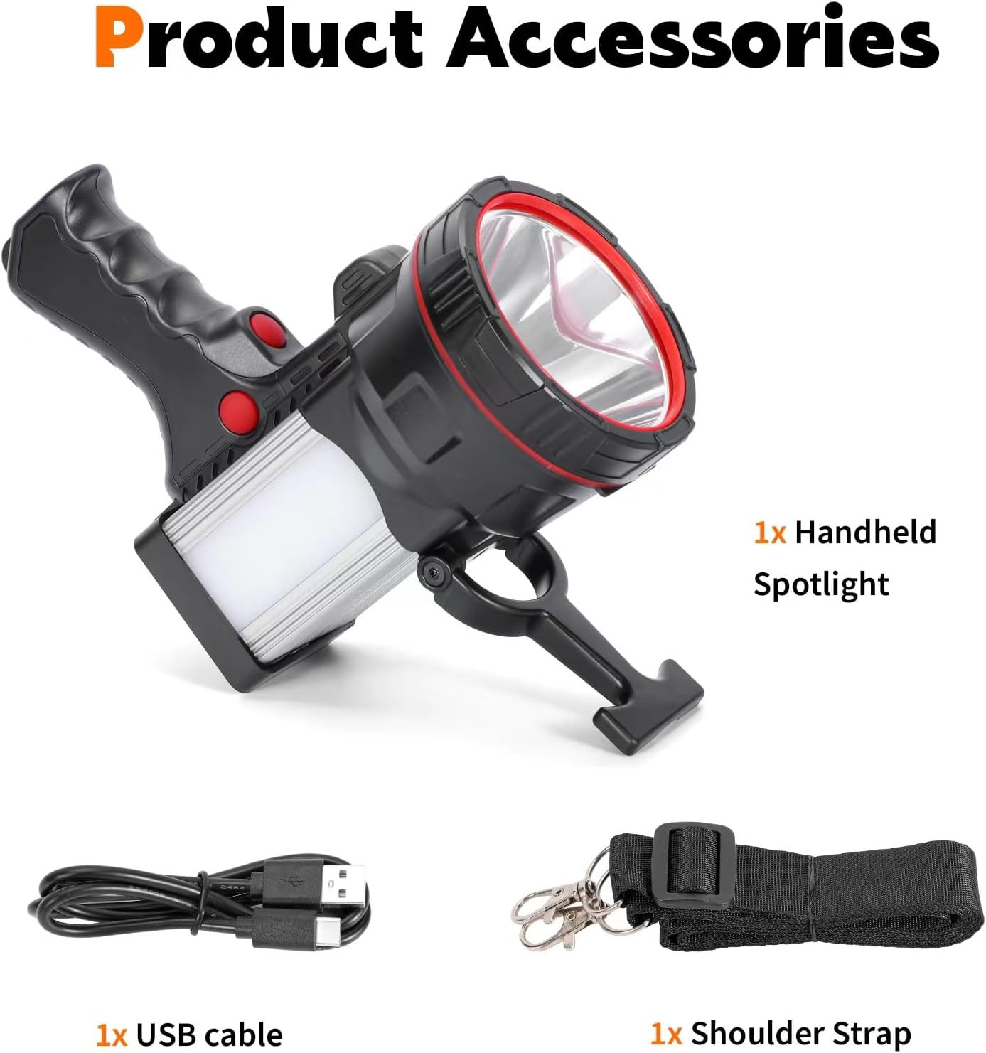 Proyector de mano súper brillante, linterna LED recargable, reflector grande de larga duración con cargador de salida USB para exteriores (luz