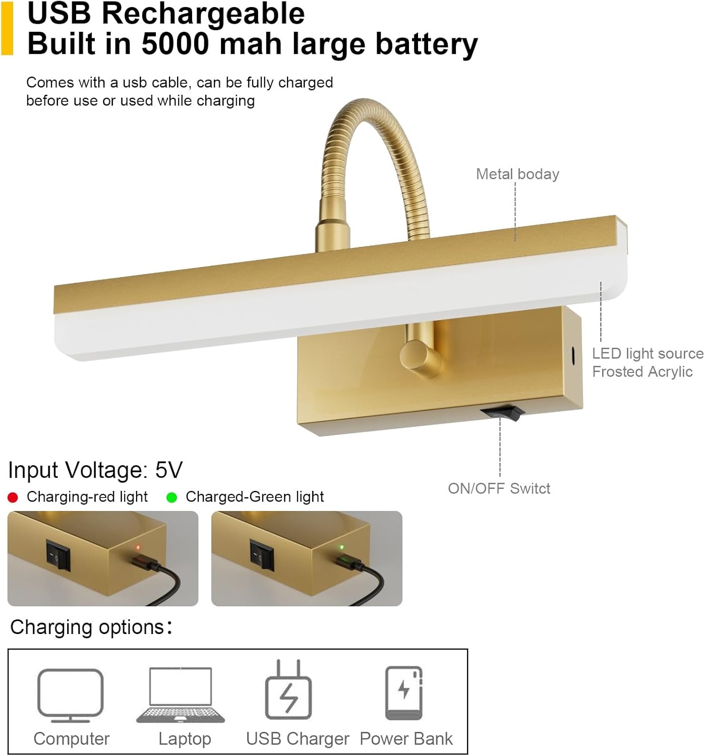 Ralbay Luz de imagen dorada, luz LED de pintura dorada con control remoto, tubo de luz giratorio con 3 modos de iluminación, luz de visualización
