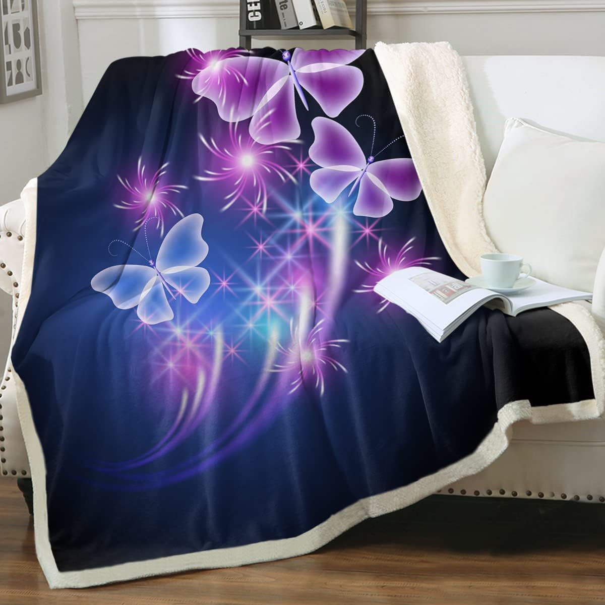 Sleepwish Manta de mariposa morada, suave manta de vellón azul con mariposas, manta de felpa, manta de sherpa, tamaño individual (60 x 80 pulgadas)